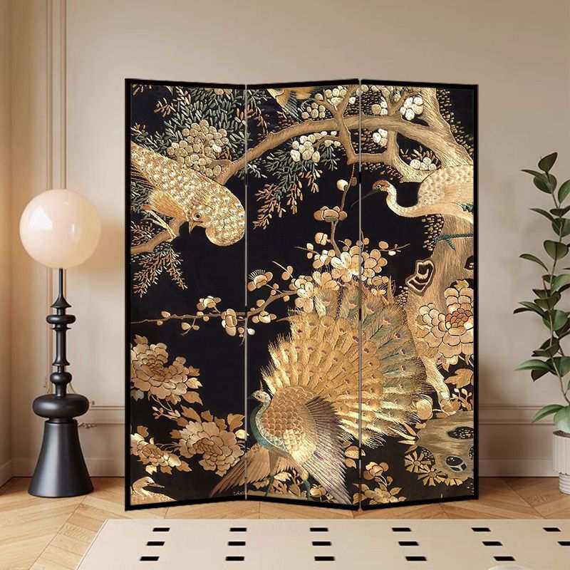 法式中古花鸟屏风隔断客厅现代简约可移动办公室玄关卧室遮挡折屏