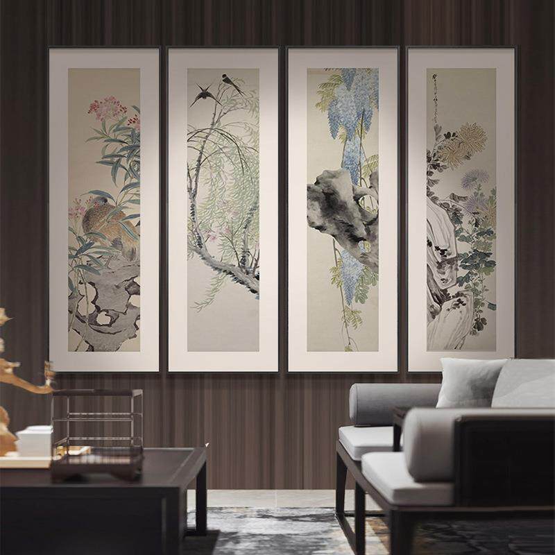 任熊《花卉四条屏》花鸟客厅中堂国画中式四联茶室挂画玄关装饰画