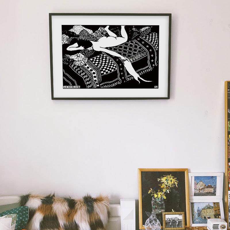 闲来逗猫瓦洛东大师小众艺术装饰画北欧挂画黑白版画客厅卧室壁画