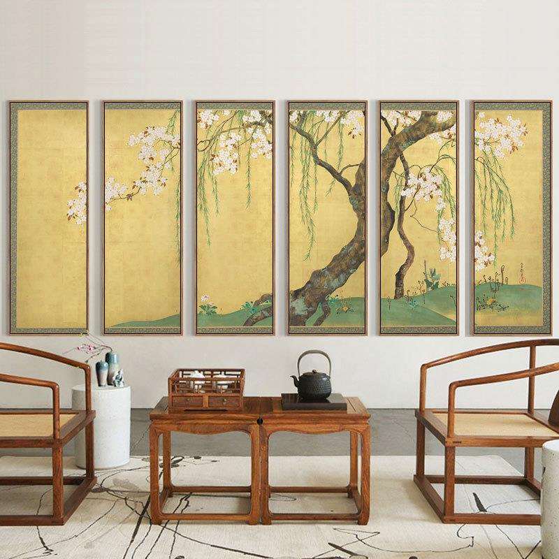酒井抱一 桐菊流水图日式家居装饰画中古茶楼挂画新中式六联墙画