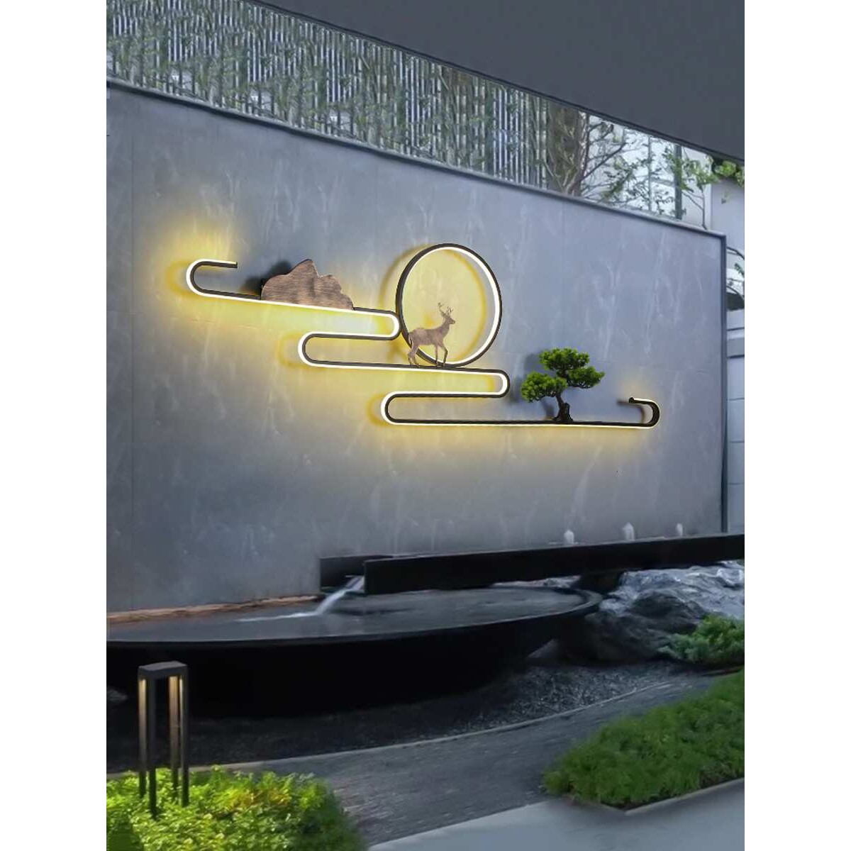 新中式庭院壁灯别墅围墙影创意圆环弯曲铝材户外防水外墙装饰灯