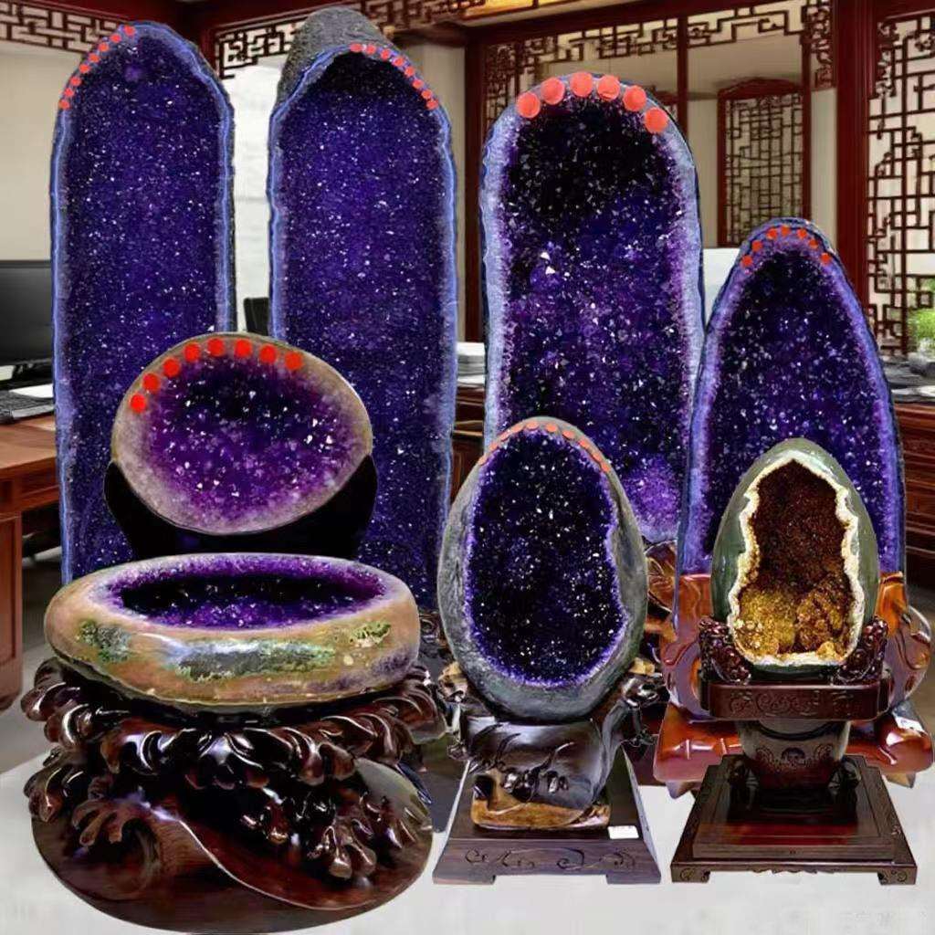 天然紫晶洞水晶洞摆件水晶原石紫水晶洞钱袋子聚宝盆玄关客厅
