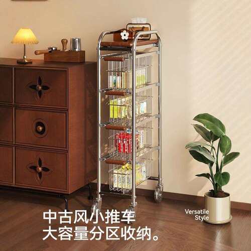 中古风厨房夹缝置物架冰箱侧收纳架小推车抽拉极窄缝隙移动储物柜