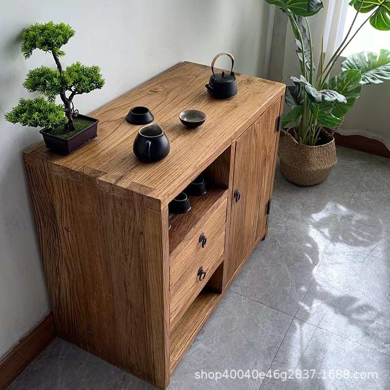 新中式风化纹理复古实木茶水柜家用办公室老榆木餐边储物柜客厅