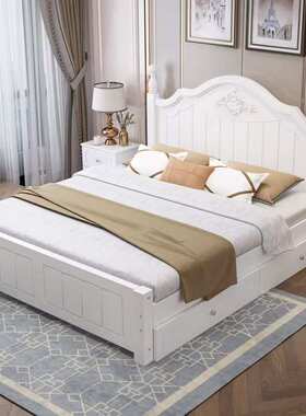美式白色实木床1.8米现代简约1.5m单双人气压储物奶油风卧室婚床