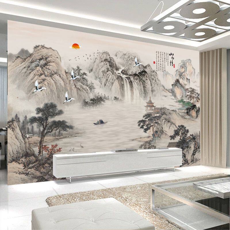 5d中式山水画电视背景墙新款2025壁画客厅沙发壁纸3D立体墙布壁布
