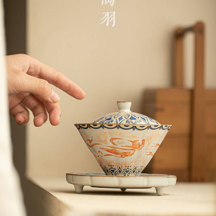 仿宋汝窑敦煌飞天斗笠三才盖碗防烫家用功夫茶具大容量陶瓷泡茶碗