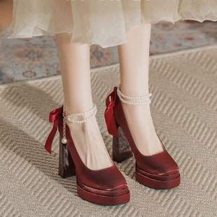 防水台缎面婚鞋新娘鞋玛丽珍秀禾配裙不累脚11cm高跟鞋女粗跟