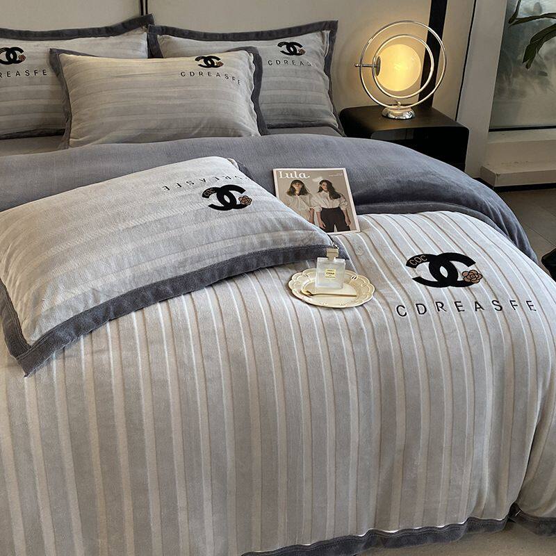 简约风牛奶绒刺绣被罩单件秋冬季加厚绒毛被套四件套法兰绒床笠款