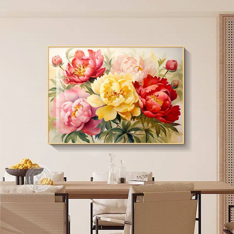 花开富贵餐厅装饰画新中式牡丹花客厅沙发壁画饭厅餐桌背景墙挂画