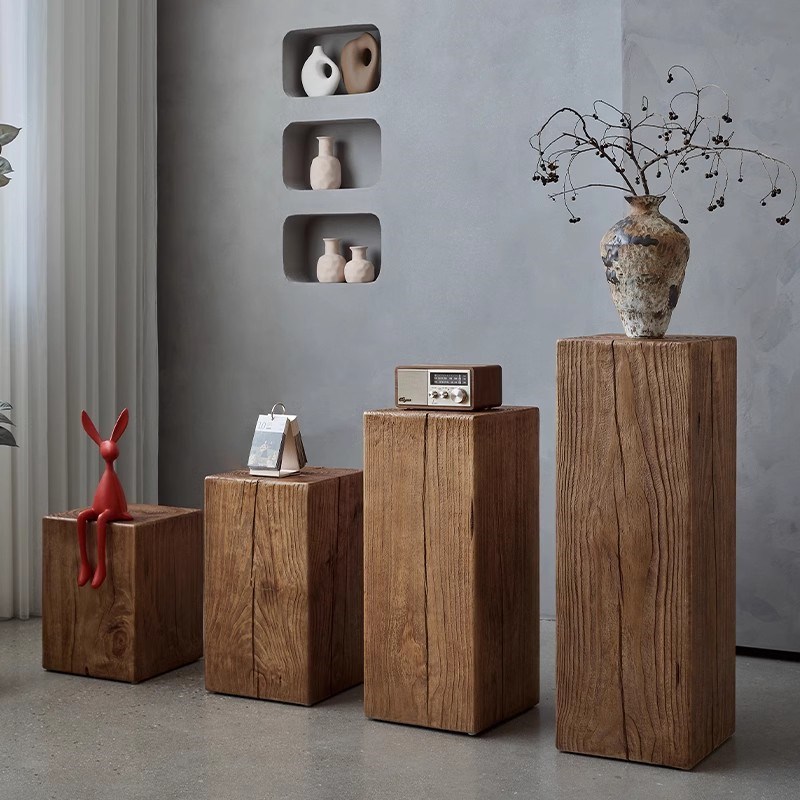 侘寂风实木方形木桩酒店花架底z座木墩子民宿覆古原木根雕玄关摆