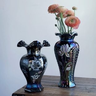 中古芬顿六角羽毛大肚鎏金深色纯手工彩绘琉璃花瓶水养插花器摆件