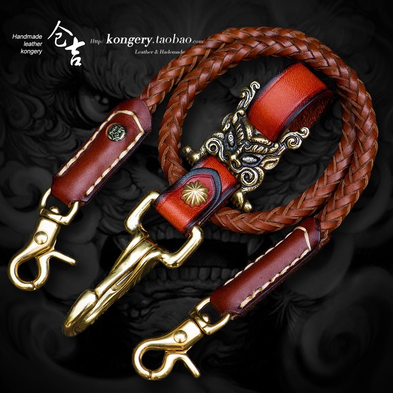 仓吉手工雪狮f经书扣腰链!纯手工编织黄铜牛皮钥匙扣挂环男女裤链