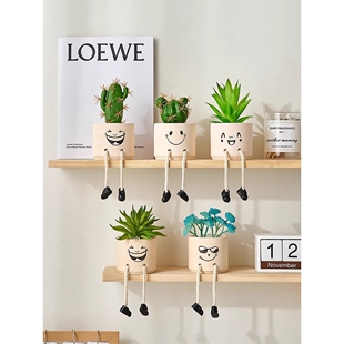 绿植吊脚娃娃小摆件创意客厅电视柜墙上置物架桌面家居装饰品绢花