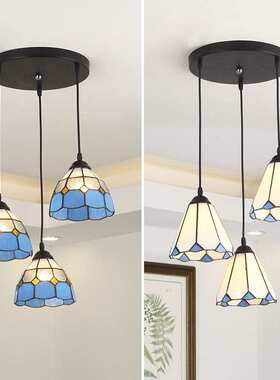 地中海风格餐厅灯蒂凡尼吊灯三头饭厅灯阳台飘窗过道卧室蓝色灯具