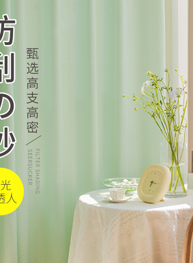翠绿色纱帘透光不透人窗帘现代简约卧室高级感沙帘窗纱客厅梦幻帘