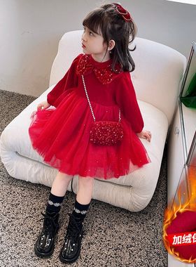 女童连衣裙秋冬装加绒拜年红色裙子儿童纱裙女宝宝公主裙加厚冬裙