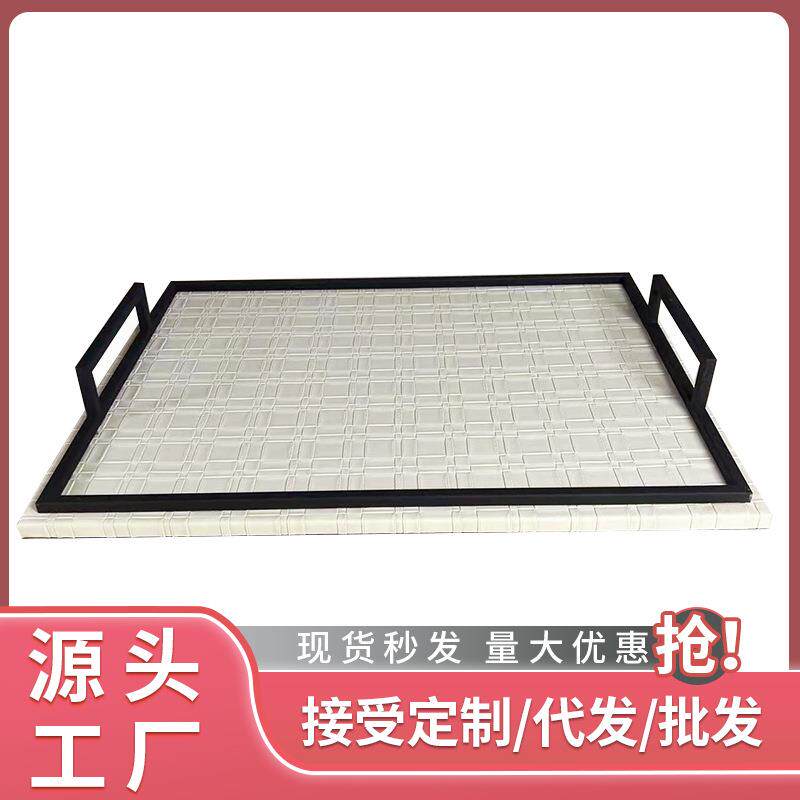 海阁欧式茶几长方形托盘橙色皮制托盘果盘客厅摆件样品房软装饰品