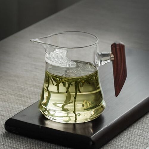高硼硅玻璃公道杯透明玻璃过滤茶杯茶海竹节木把玻璃月牙公道杯
