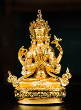 现代室内小铜像镀金四臂观音菩萨5寸佛前用品观音菩萨摆件