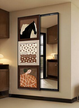 中推拉隐藏式镜子全身镜法式隐形带挂画壁画装饰画玄关穿衣镜古风