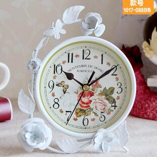 欧式静音台钟卧室客厅创意钟表摆件田园铁艺台式钟座钟时钟双面钟