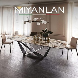 意式轻奢进口大户型岩板餐桌现代简约长方形大理石拉米娜餐桌组合