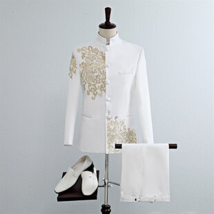 刺绣立领中山装演出服男士大合唱团舞台表演服主持人歌手礼服套装