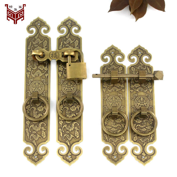 纯铜彷古拉手中式纯铜锁扣插销柜门拉手民宿大门把手老Y式木门锁