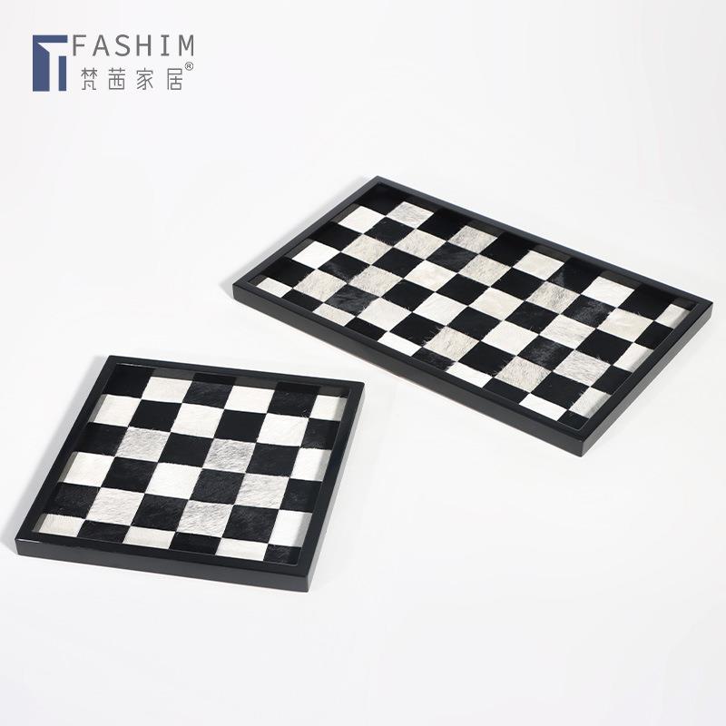 梵茜创意家居样板房酒吧装饰收纳托盘黑白棋盘格马毛果盘摆件