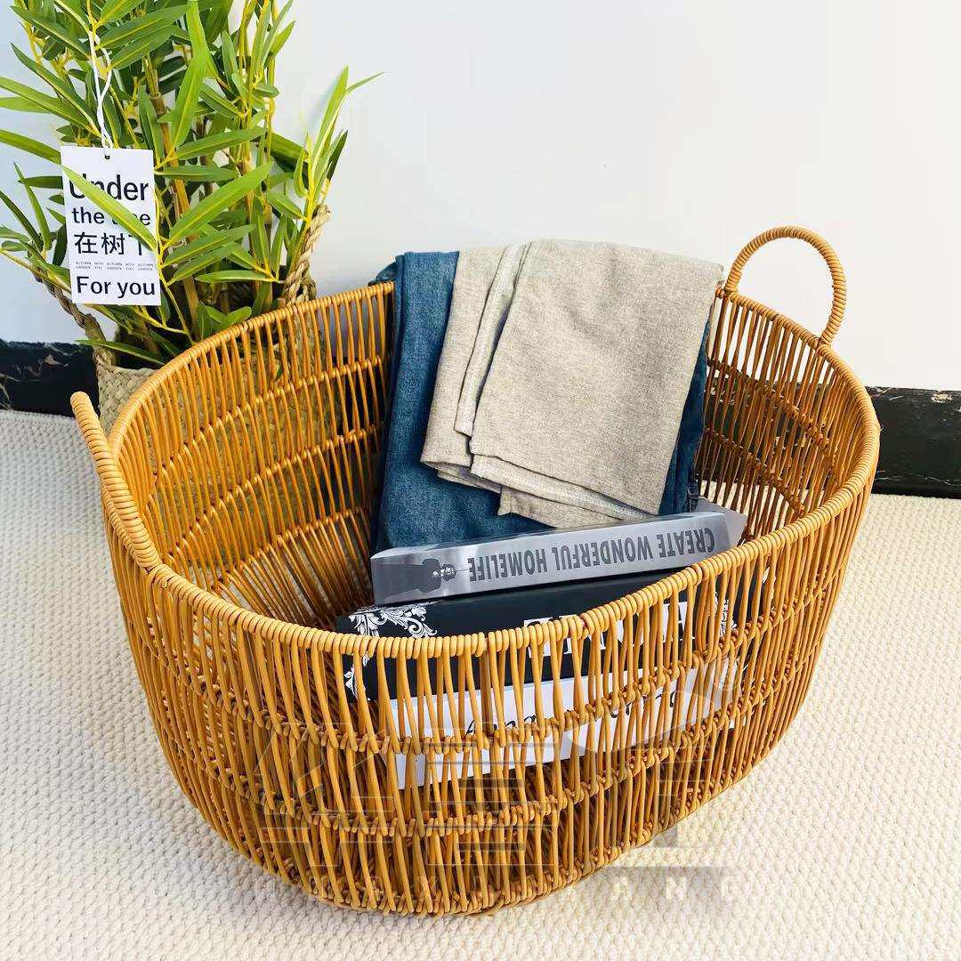 W118日系简约风仿藤防水卧室衣服收纳筐玩具杂物脏衣篮50.5*40*29