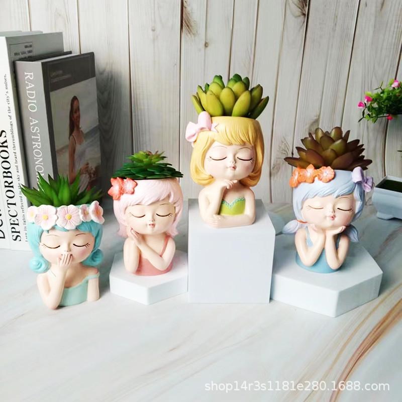 仙女小花盆桌面摆件北p欧风彷真桌面可爱卡通树脂多肉花盆花器摆