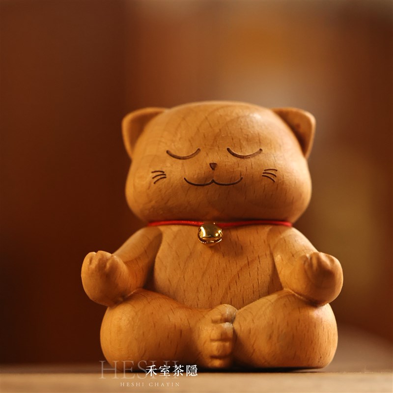 榉木打坐猫茶宠摆件n实木创意礼品手把件精品解压可爱桌面小摆件