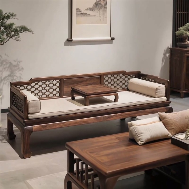 新中式禅意北g美黑胡桃木罗汉床现代客厅茶室实木贵妃榻简约沙发