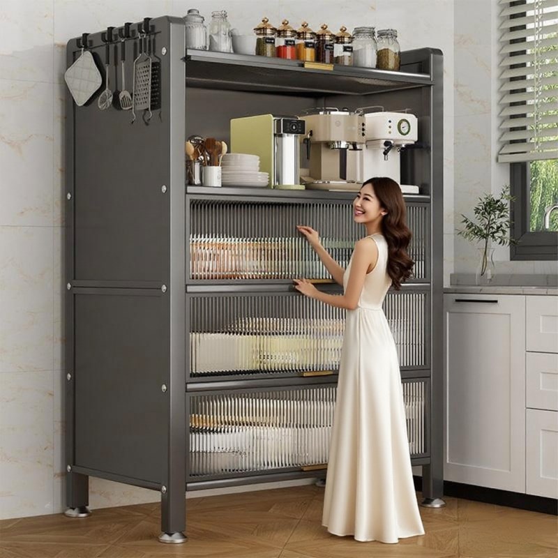 家用厨房置物架落地多层储物柜多功能G防尘碳钢碗筷收纳橱柜餐边