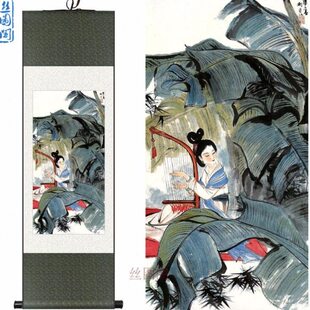 复古装饰画挂画仕画图卷轴画美女琴芭蕉女包邮 刘旦宅中式弹丝绸
