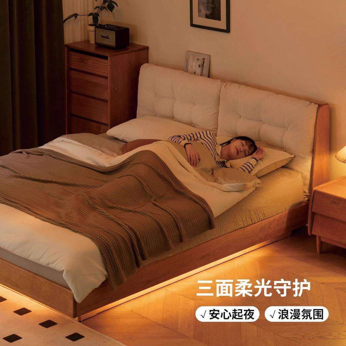 实木箱体床储物床樱桃木双人床现代简约软靠悬浮床收纳床卧室家用