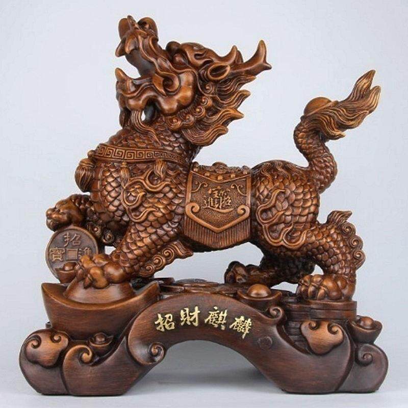 麒麟摆件一对家居客厅电视柜木纹树脂工艺品摆设店面开业招财树