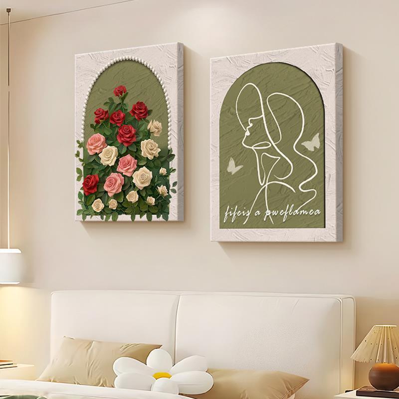 法式复古玫瑰画卧室装饰画奶油风抽象人物线条客厅餐厅挂画组合
