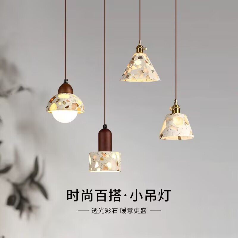 北欧床头吊灯复古胡桃木卧室客厅餐厅吧台水磨石透光玄关走廊吊灯