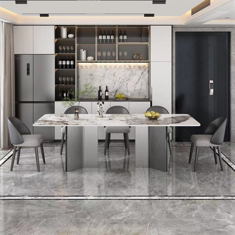 岩板餐桌椅组合意k式极简约现代灰钢黑色高端家用餐厅长方形饭桌