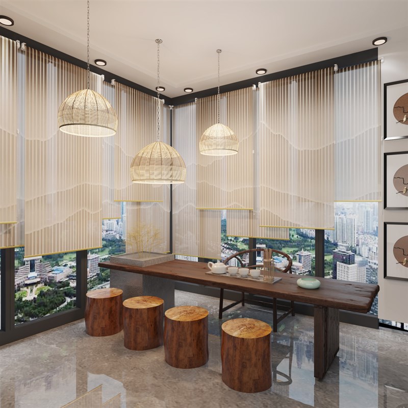 中式窗帘办公室卷帘软隔断挂式屏风茶室J多层电动升降帘布艺半遮