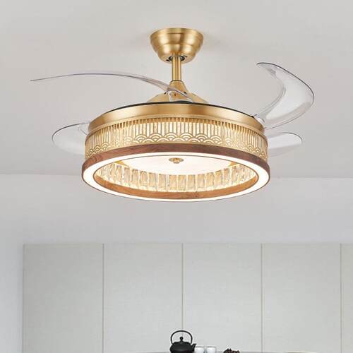 全铜新中式黑胡桃木智能LED隐形风扇吊灯中国风家用餐厅卧室灯具