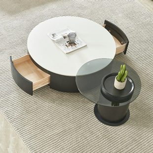 意式简约纯黑色白色岩板圆形茶几轻奢简约钢化玻璃边几高级感茶台