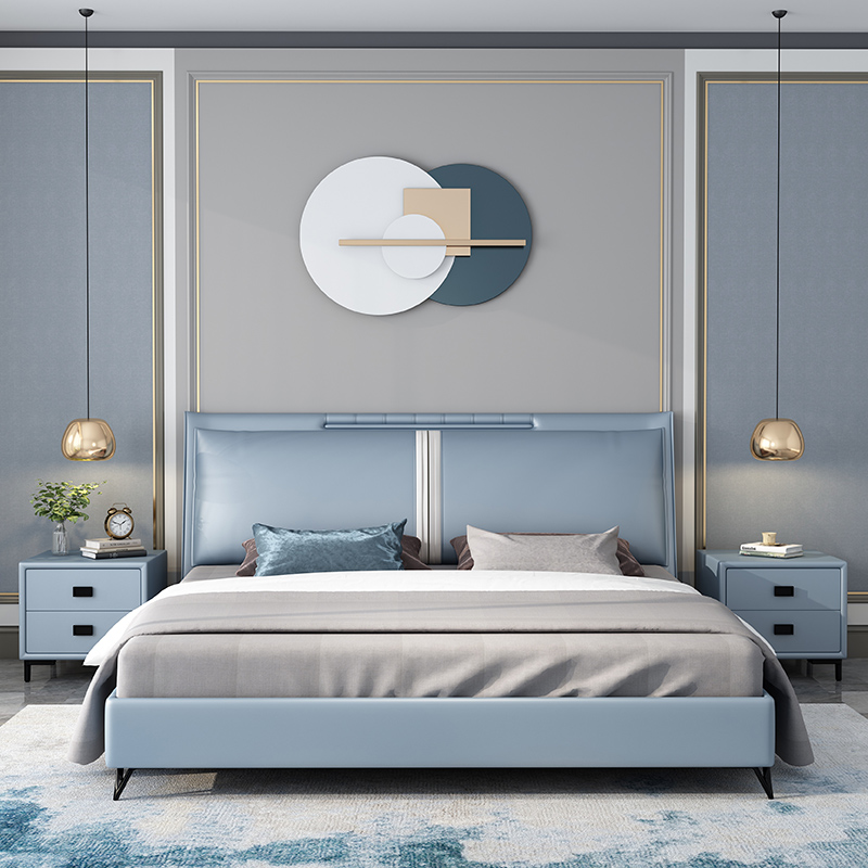 意式极简轻奢真皮床 现代简约双人床1.8米大床软包床北Z欧主卧婚