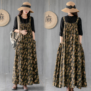吊带连衣裙民族风印花长款 2021新款 棉麻春秋季 女装 大摆裙 宽松大码