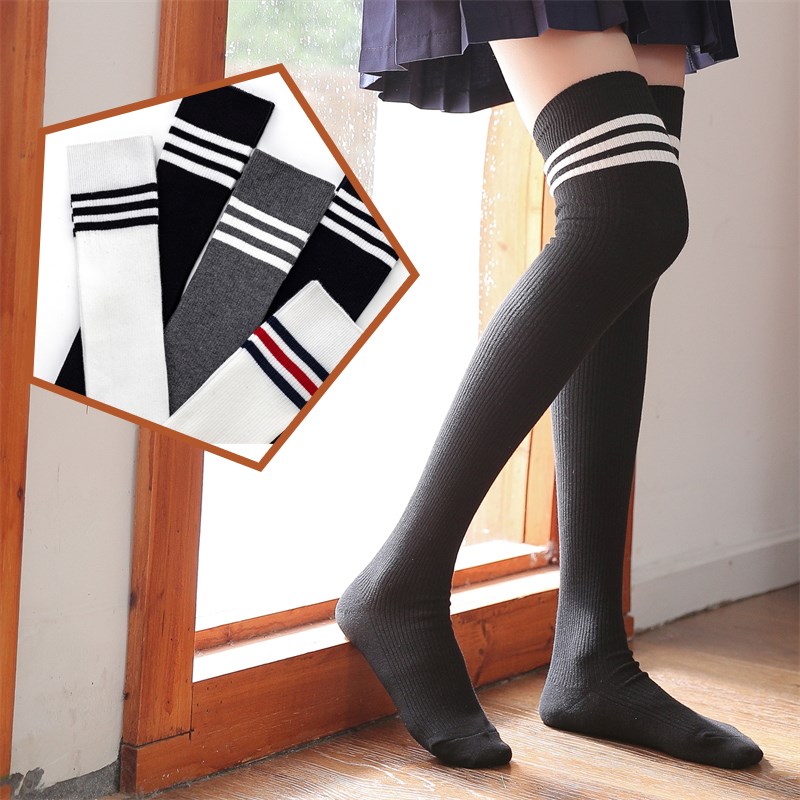 大童纯棉长筒袜条纹高筒袜女童过膝盖长袜子春秋季学生护膝打底袜
