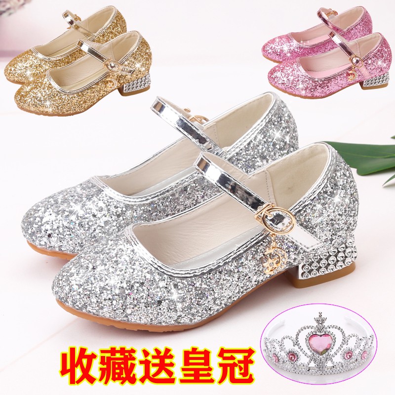女童皮鞋2023新款时尚儿童高跟鞋公主走秀主持舞蹈表演出银色单鞋
