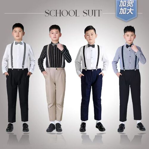 儿童礼服春夏男童胖版背带裤套装长裤男童加肥合唱表演服短袖胖童
