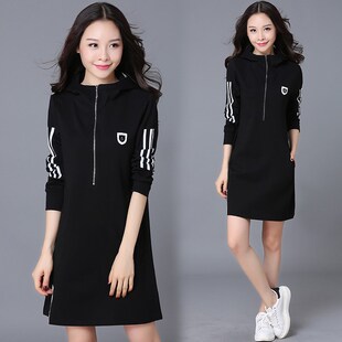 胖mm遮肚子显瘦长袖 2024春秋新款 连帽宽松连衣裙减龄藏肉 女装 大码